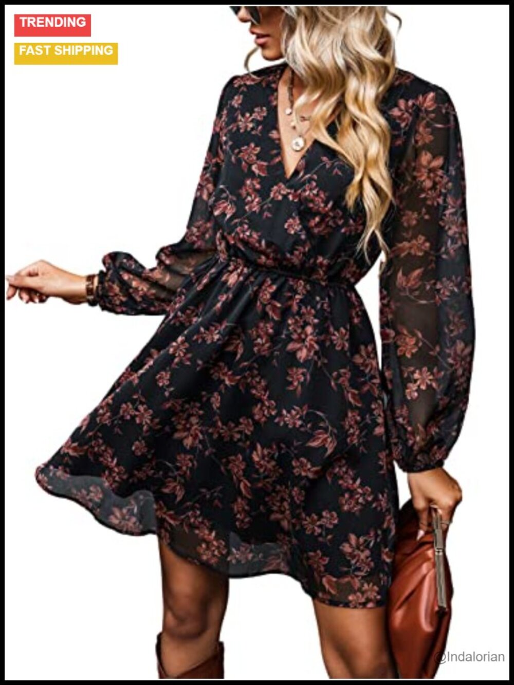 Floral Chiffon Mini Dress Long Peasant Sleeve A-Line Boho Vacation